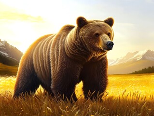 Obraz premium Powerful grizzly bear standing in golden field with sunlit mountains in distance