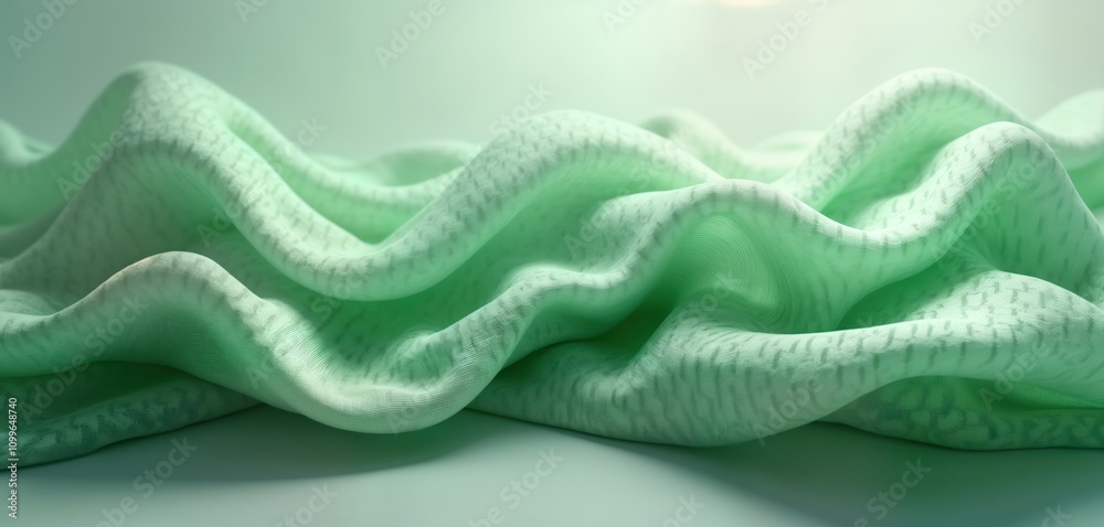 Poster soft green silk fabric drapes in elegant wavy folds. light plays on smooth surface subtle patterns, 