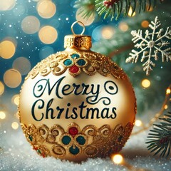 Gold Christmas Ornament - Decorated Christmas Bauble Background with Merry Christmas Text Christmas Ornament with Christmas Tree - Holiday Diffused Bokeh Wallpaper - Snow, Mistletoe and Presents
