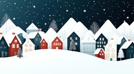 Illustration of a snowy village with colorful houses under a starry winter sky with mountains in the background.