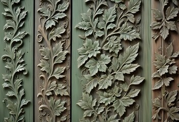 Elegant wood backgrounds with intricate engraved floral patterns in natural, green, and blue tones