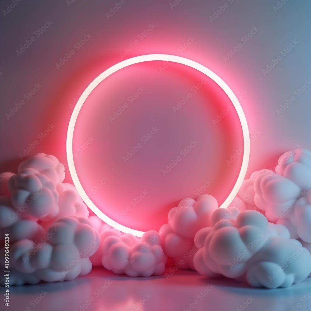 Poster Pink neon in cloudy background. 3D rendering of with neon light. Abstract, futuristic. Isolated perfect for tech modern presentation. Stylish, trendy design. Cloud-like shapes add to creative
