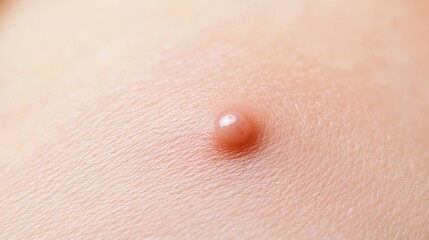 Close-up of a Chickenpox (Varicella) blister on a child's skin, highlighting symptoms of viral infection, skin condition, disease diagnosis. Perfect for healthcare, medical, and dermatology concepts