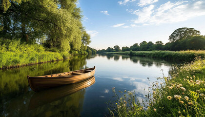 Tranquil Riverbank with Wooden Boat and Lush Greenery