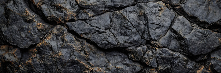 Volumetric rock texture with cracks. Black stone background with copy space for design. Wide banner.