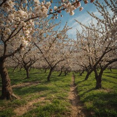 Naklejka premium An early spring orchard, with cherry blossoms blooming and the ground covered in fresh strawberries.