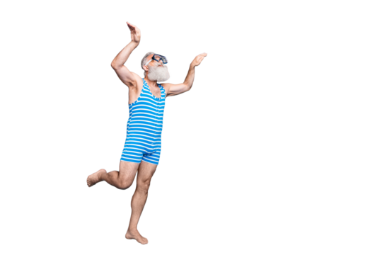 Full length profile side photo of concentrated pensioner swimming up with underwater equipment wearing swim wear isolated over blue background