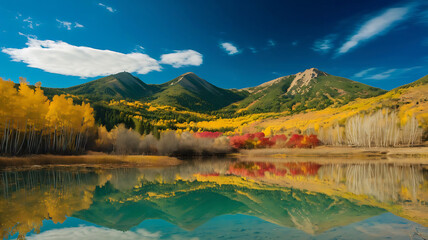 Obraz premium Winter morning sunrise bells with golden sunlight lake in the morning landscape of the Rocky Mountains at sunrise