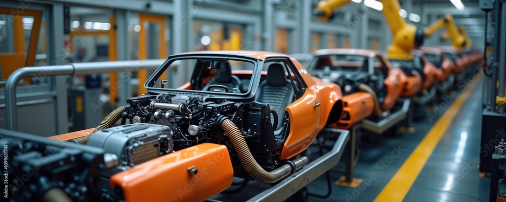 Poster automated car manufacturing line. orange car parts assembled on conveyor belt. robots work efficient