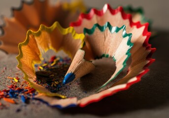 Close-up of colorful pencil shavings with blue pencil tip