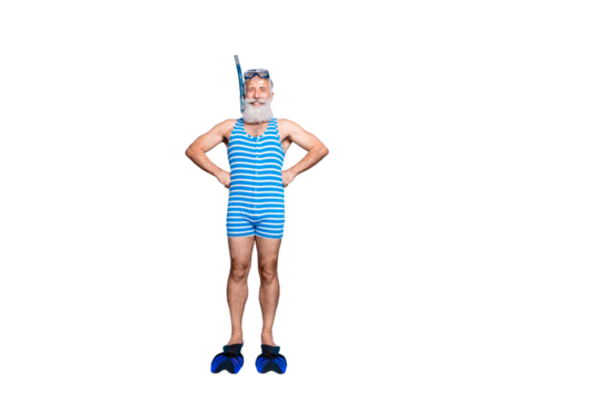 Full size photo of retired sailor with snorkeling equipment wearing striped costume isolated over blue background