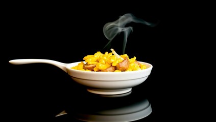 Freshly cooked scrambled eggs, yolk in a skillet. Generative AI