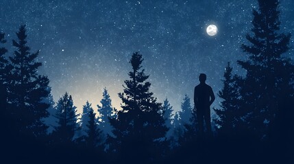 Fototapeta premium Lone Figure Silhouetted Against Night Sky and Forest