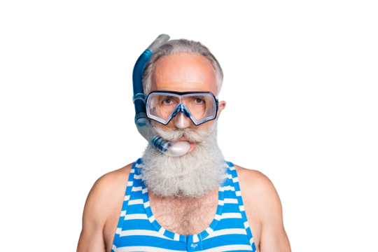 Close up photo of serious pensioner breathe underwater wearing striped swim wear isolated over blue background