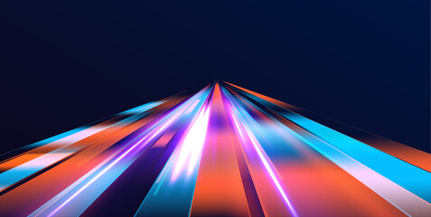 Night highway with dynamic light effects, neon purple, blue, and red glowing trails, and futuristic speed motion visualization. © ikril