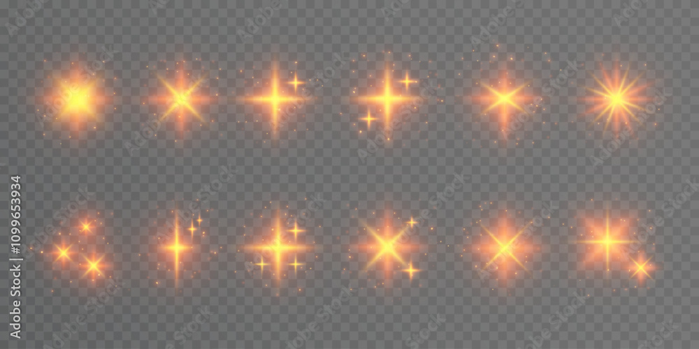 Poster Abstract set of golden light effects, twinkling bright stars. For graphic design and game interfaces.