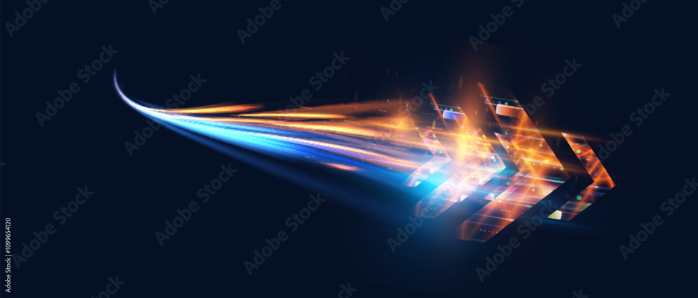 Poster Abstract bright light speed effect. Technological arrow speed motion effect with bright colorful glow. Vector on transparent background. Dynamic energy motion of high speed light arrow.