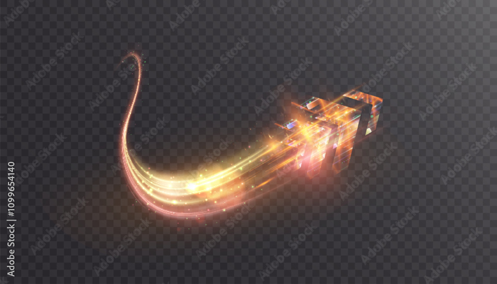 Poster Golden flow of light energy. Light arrow of direction of movement. Vector on transparent background for design and illustrations of game interfaces and advertising.