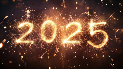 "2025" Written With Sparkler Fireworks In The Night Sky: Festive New Year Header Or Web Banner With A Celebratory Glow