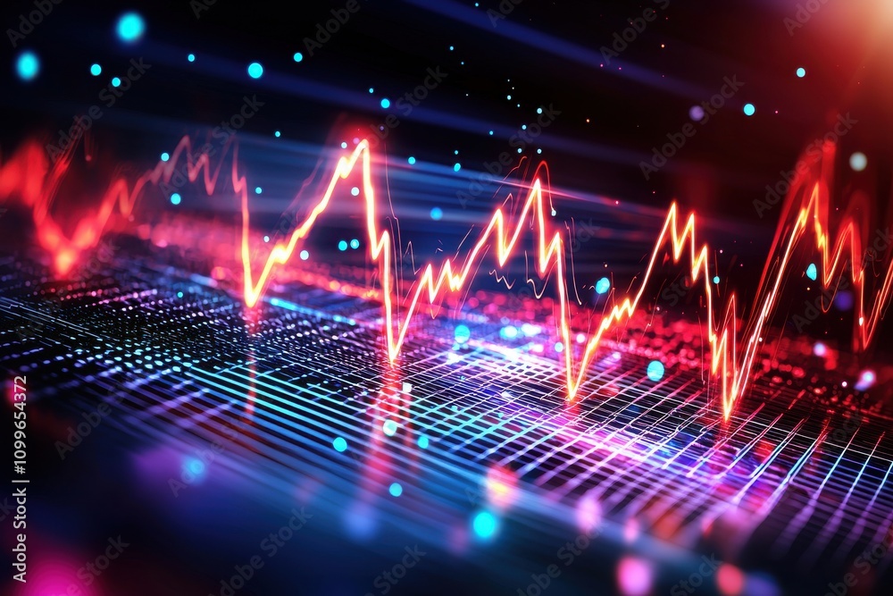 Poster Vibrant Colorful Audio Waveform Pattern with Glowing Lights and Digital Effects