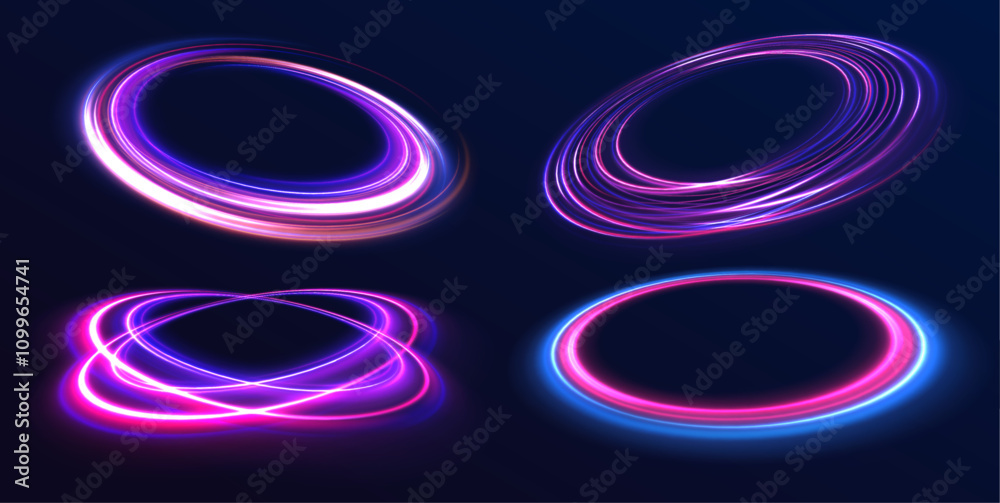 Poster Set of neon blurry light circles at motion . Vector swirl trail effect. Abstract vector fire circles, sparkling swirls and energy light spiral frames.	