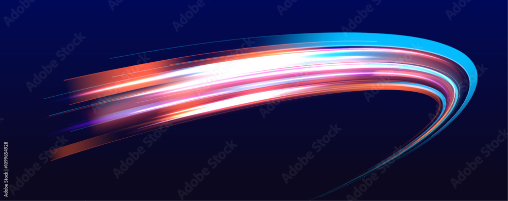 Aufkleber Neon color glowing lines on a dark background, creating a high-speed light trail effect. Modern abstract high-speed light motion effect on a black background with light motion and slow shutter traffic