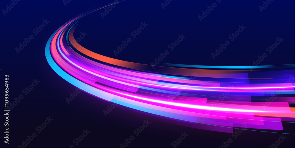 Aufkleber Neon futuristic network technologies on dark background with movement and speed effect. Long exposure, light painting photography.  Vector glitter light fire flare trace. 