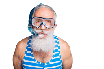 Close up photo of funky retired man having snorkel gear look wearing striped swim wear isolated over blue background