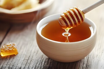 Steaming tea and honey on a wooden table