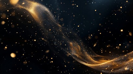 Obraz premium Golden dust particles flow and swirl in a dark, infinite space