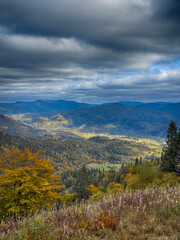 The landscape of Carpathian Mountains in the sunny weather. Perfect weather condition in the autumn season