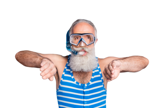 Close up photo of funky man swimming breaststroke with snorkel gear  wearing striped swim wear isolated over blue background