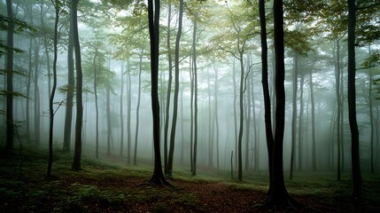 Obraz premium Misty Forest Path Among Tall Trees