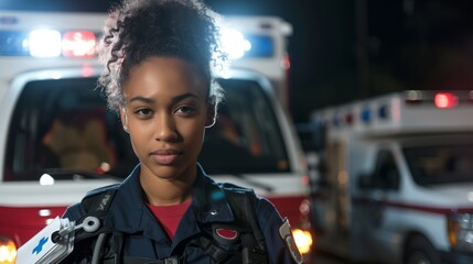 A female emergency medical technician stands in front Of two ambulances at night exuding a sense Of professionalism and dedication to her work.