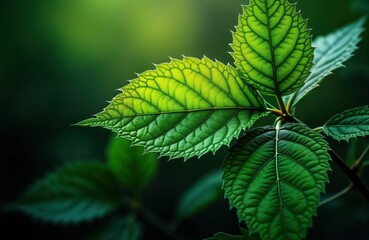 Fototapeta premium Close up view of rich green leaves. Detailed leaf texture shows intricate patterns. Vibrant green foliage creates natural background. Freshness, life apparent in nature. Perfect for eco-friendly
