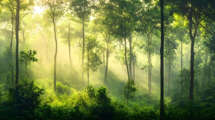 Obraz premium Sunlit Mist Shines Through Lush Green Forest Canopy
