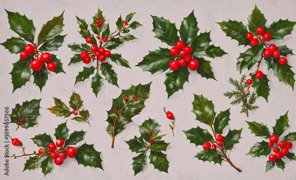 Poster collection of red berries and leaves. some of the leaves are green and some are red. the berries are