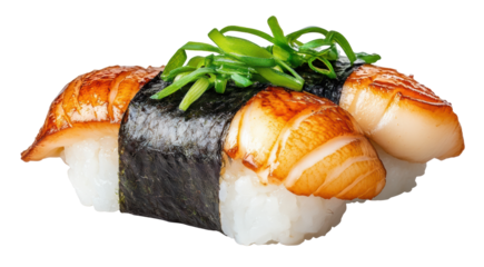Scallop nigiri sushi wrapped in seaweed transparent PNG isolated on white background.