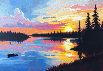 Obraz premium Landscape by the lake. Sunset . Pattern for printing on wall decorations, fabrics, and for use in graphics.