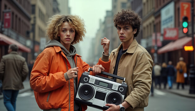 Stylish teens in 90s urban style hold boombox. Seem to listening to music. Outfits include trendy jackets. Scene takes place in city street. Vibe mix of 90s fashion, music. Possible party casual