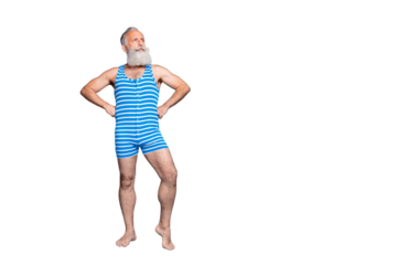 Full length body size view of his he nice attractive trendy stylish content cool strong proud gray-haired man isolated over bright vivid shine turquoise blue green background