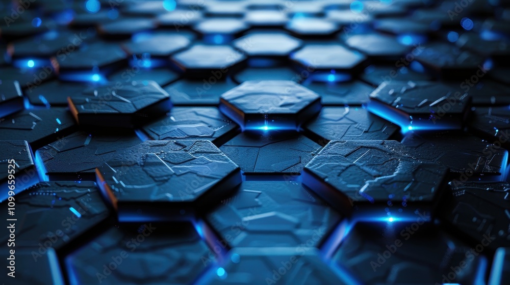Poster Abstract Hexagonal Pattern Glowing Blue Dark Background