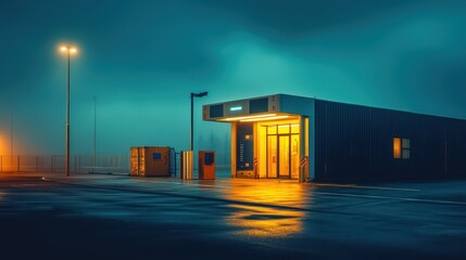 Obraz premium Dusk at Container Scanner Facility: X-Ray Portal Illuminated, Radiation Detection Equipment, and Security Checkpoint with Ultra HD Technical Details and Precise Light Control.