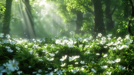 Obraz premium Sunlit Forest Floor With Delicate White Flowers