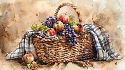 Watercolor painting of a wicker basket overflowing with red apples and purple grapes, draped with a plaid cloth.