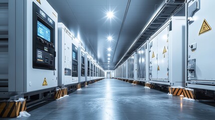Obraz premium Modern Cold Storage Facility: Ultra-Detailed Reefer Container Row with Clinical LED Lighting, Frost-Covered Surfaces, and Visible Industrial Refrigeration Equipment.