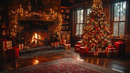 Cozy Christmas Living Room With Fire And Tree