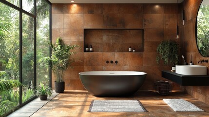 Fototapeta premium Modern bathroom design featuring a freestanding tub and large windows with lush greenery view
