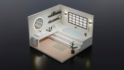 3D isometric minimalist Modern Bathroom Interior with Built-In Tub