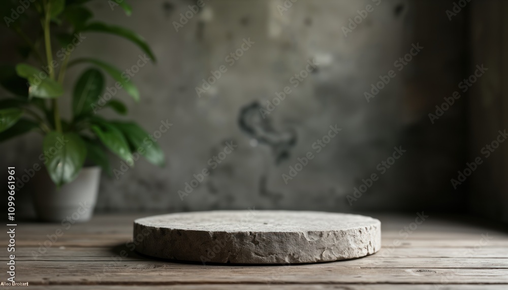 Poster grey stone podium on wooden planks. rustic background with blurred plants in pot. empty surface for 